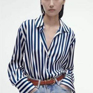 Zara Navy and White Striped Button Down Shirt